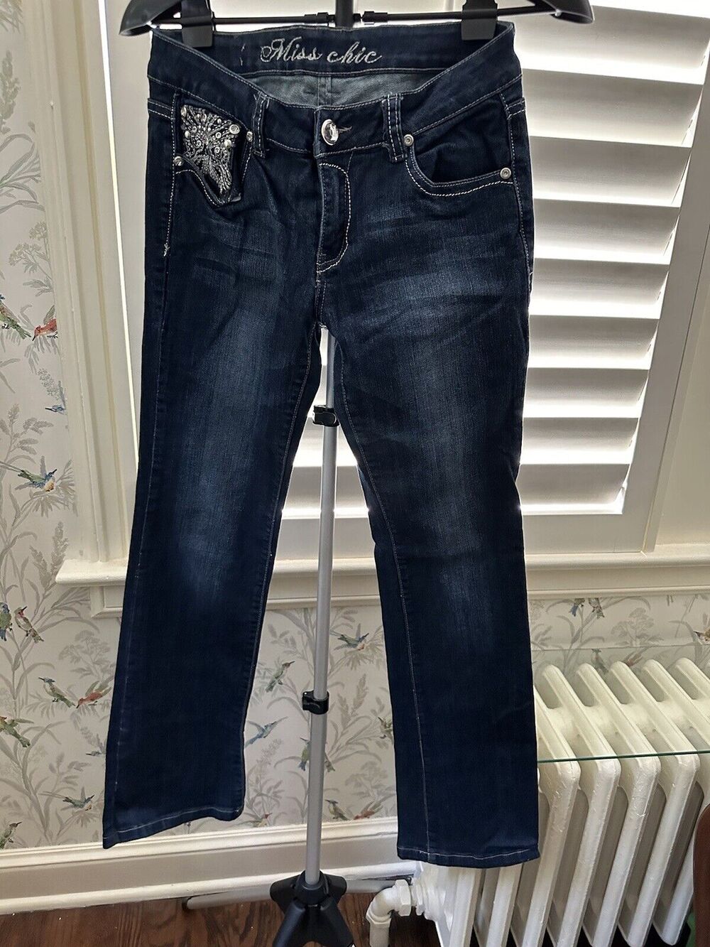 Miss Chic Blue Jeans Flared Bootcut Fleur De Lis Pockets Superstar Jeanswear
